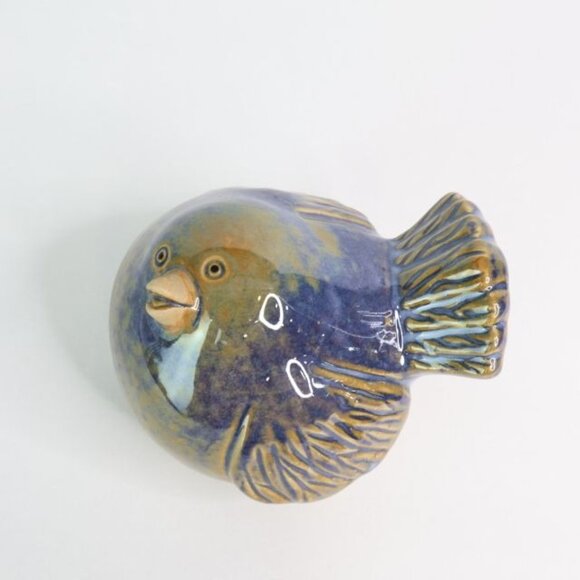 Pudgy Bird Figurine Blue Brown Glaze Shelf Decor - Picture 3 of 8